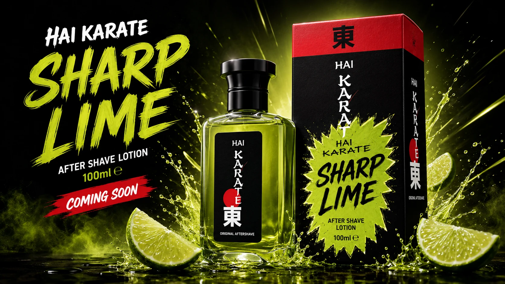 Hai Karate Sharp Lime bottle and box surrounded by dramatic lime splashes